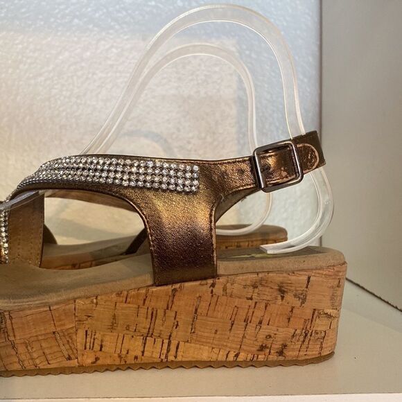 Volatile Rhinestones Leather Platform Cork Brown Tan Ankle Strap Sandals - Picture 6 of 10